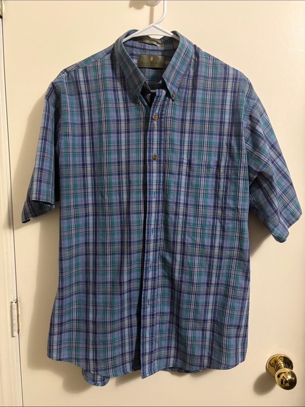 bill blass Blue and Teal Plaid Short-Sleeve Button-Down Shirt